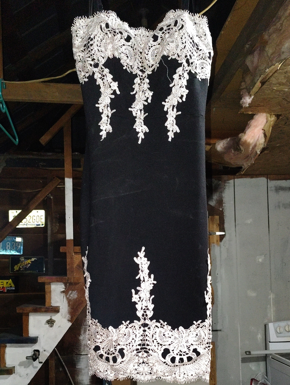 Haute Monde Black Strapless Dress with White Lace Appliqué